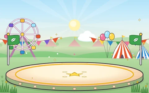 The Meadow Fair arena, with a Ferris wheel, striped tents and balloons.