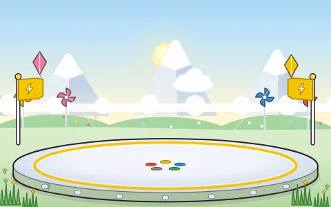 The Zippy Peaks arena, with snowy peaks, pinwheels and kites.