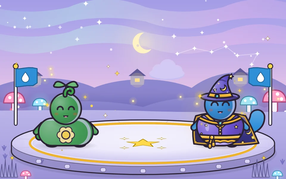 A Leaf pet and a Tide pet in a star wizard's hat and robe facing each other in the Starry Night arena.
