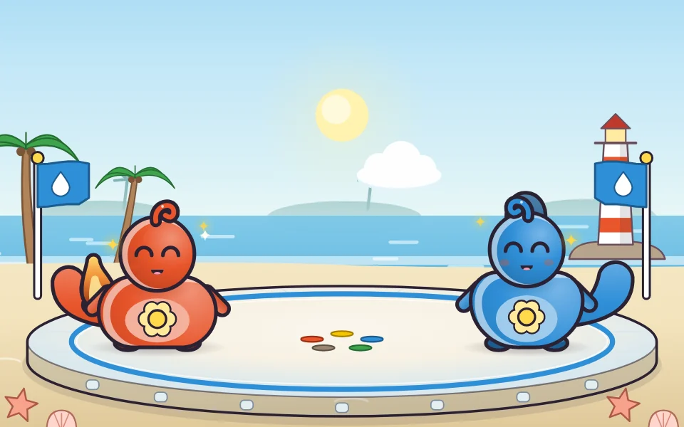 An Ember pet and a Tide pet facing each other on the arena ring at Splash Lagoon, with a lighthouse and palm trees behind them.