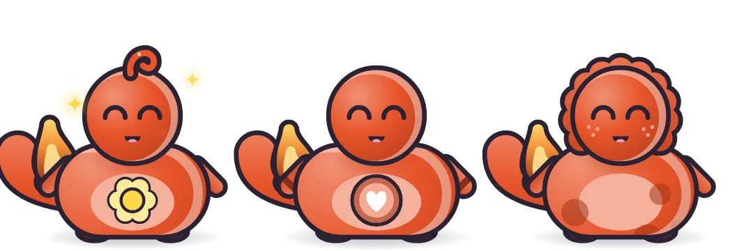 Three grown-up Ember pets: a Bright one with a sun flower, a Brave one with a heart badge and a Wild one with round tufts and freckles.