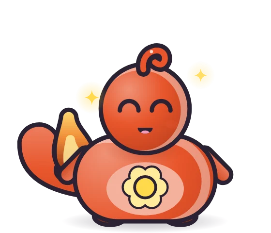 A happy orange-red Ember pet with a flame-shaped tip on its curly tail.