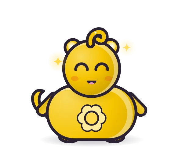 A happy yellow Spark pet with round ears and a flower on its tummy.