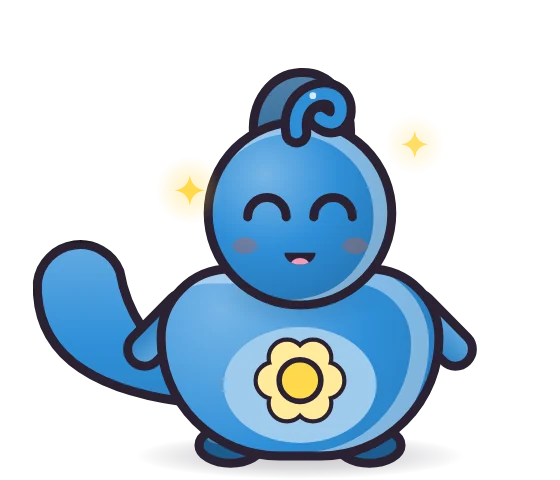 A happy blue Tide pet with a curly fin on its head and a long tail.