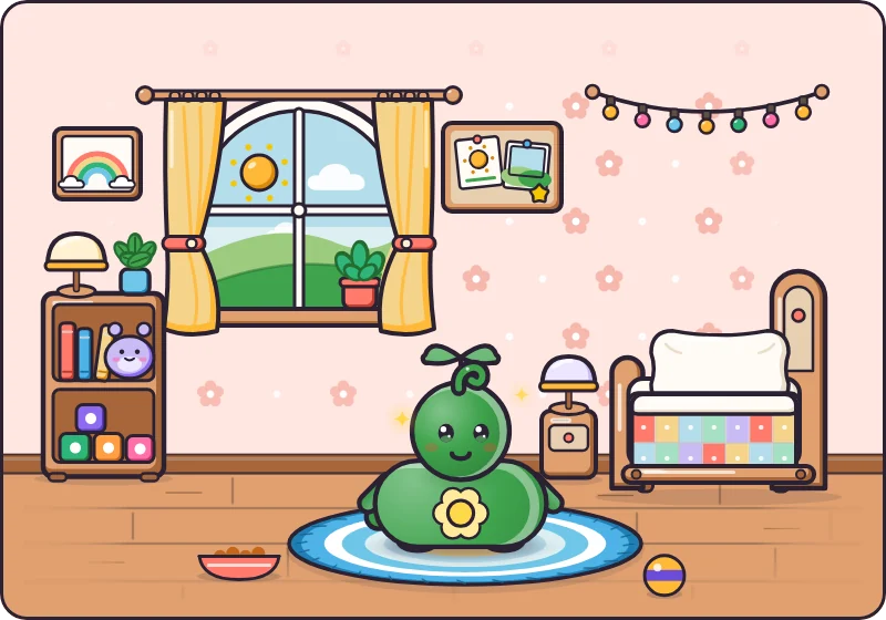 The Cosy Room: a warm room with a rug, a food bowl and a ball, with a Leaf pet standing in the middle.