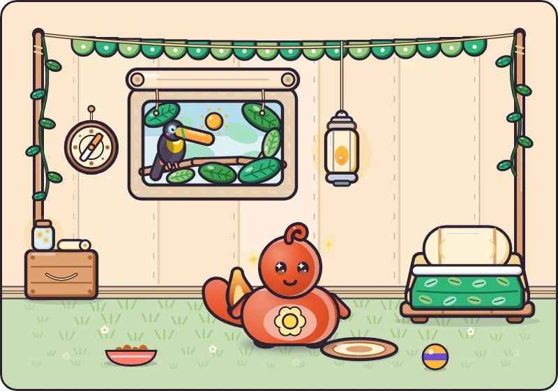 The Jungle Camp: tent canvas walls, a window flap with big leaves and a toucan, a bedroll with a leaf-pattern blanket, a camp lantern and a crate table, with an Ember pet in the middle.