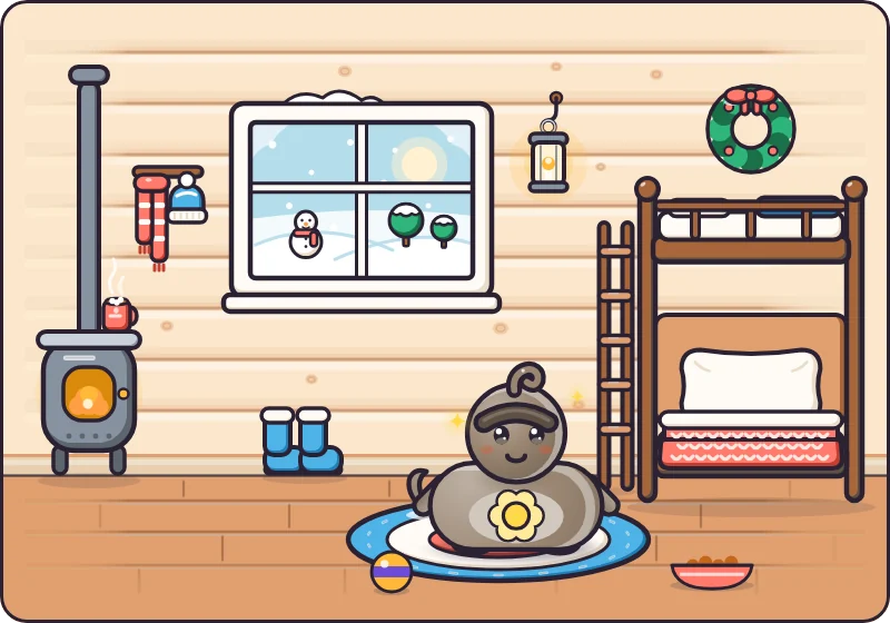 The Snow Cabin: log walls, a frosty window onto soft snow, a bunk bed with a knitted blanket, a round glowing stove and a wreath, with a Stone pet in the middle.
