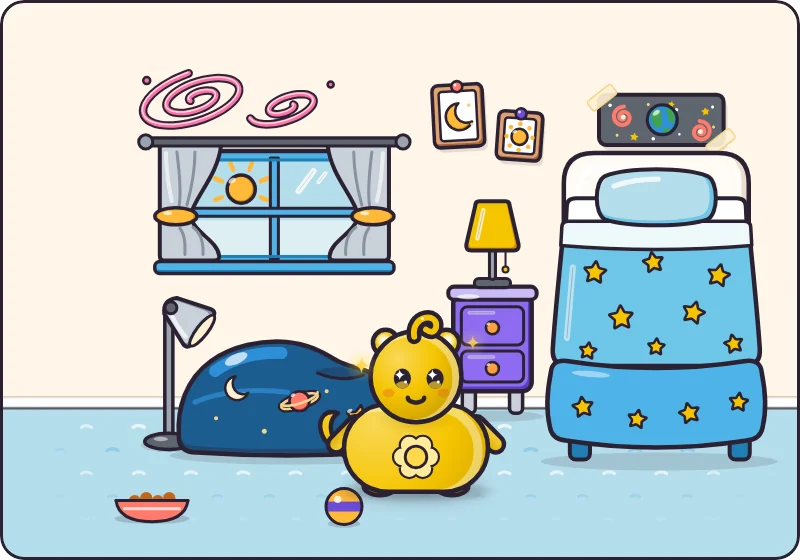 The Starry Bedroom: a bed with a blue star blanket, a planet bean bag, a reading lamp, a sunny window with curtains and space pictures on the wall, with a Spark pet in the middle.