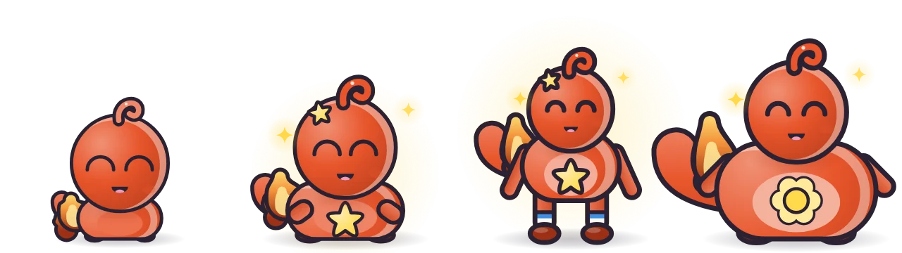 An Ember pet as a baby, a child, a teen and a grown-up adult, getting bigger each time.